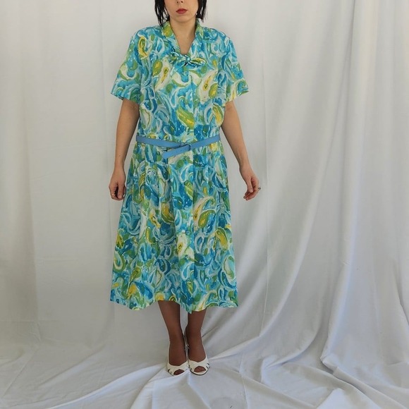 Vintage Dresses & Skirts - 70s Deadstock Carol Brent‎ Blue, Green, and Yellow Day Dress